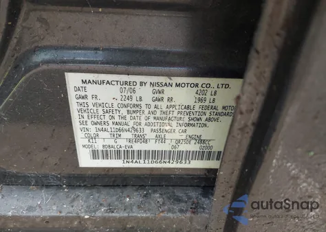 2006 Nissan Altima 2.5 S z USA, uszkodzony, nr VIN 1N4AL11D66N429633